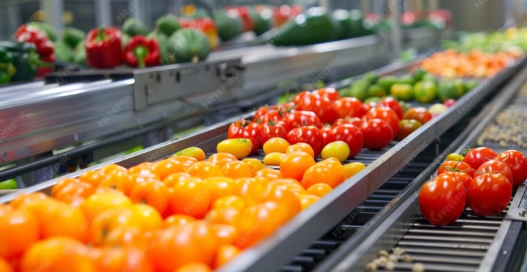 Fresh red and orange tomatoes and bell peppers on a fast-moving industrial sorting conveyor belt.