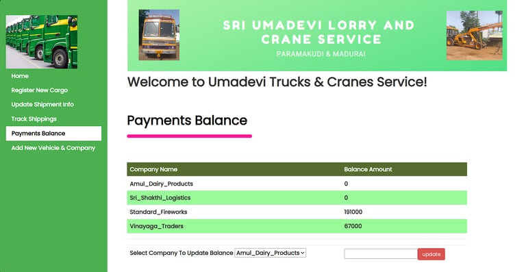 Lorry Service Management System - Payments Balance Page