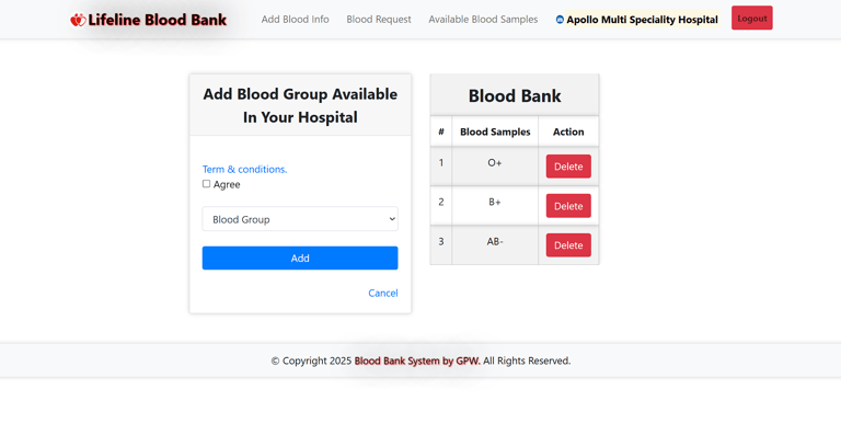 Blood Bank Management System - Add Blood Sample Page