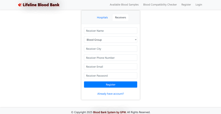 Blood Bank Management System - Receiver Registration Page