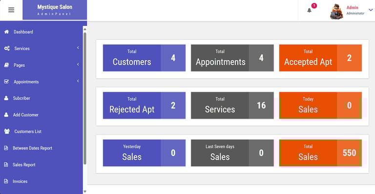 Online Salon Booking System - Admin Dashboard page