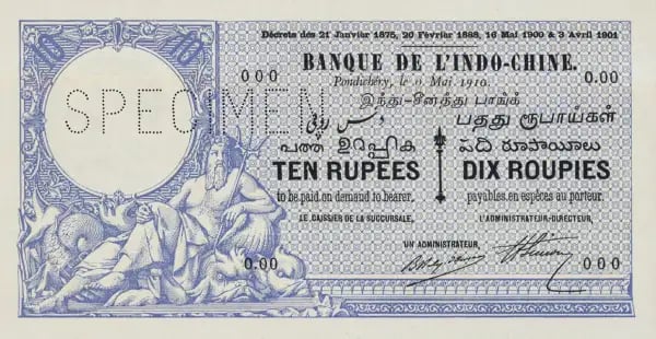 French India 10 Rupees specimen banknote