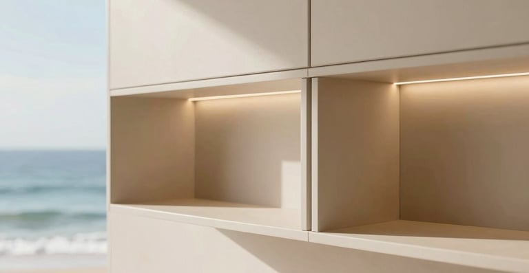 Detail architectural crop of a custom floating cabinet joint, showing immaculate flush alignment, integrated warm LED strip glowing against a beige wall, bright coastal daylight, 35mm.