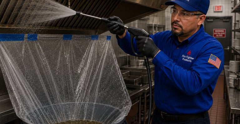 Fire Fighter Products technician steam cleaning a commercial kitchen exhaust hood
