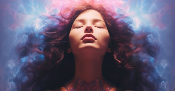 a woman with her eyes closed and her eyes closed