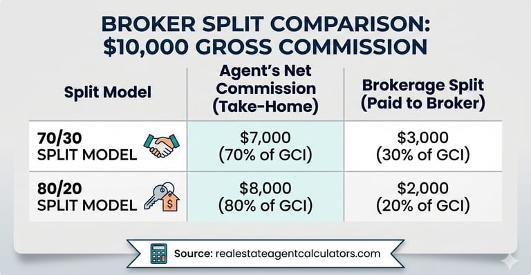 Infographic table comparing real estate broker split models for a $10,000 gross commission.