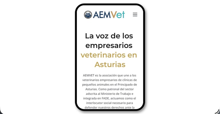 AEMVet website homepage showing the voice of veterinary entrepreneurs in Asturias on a mobile screen.