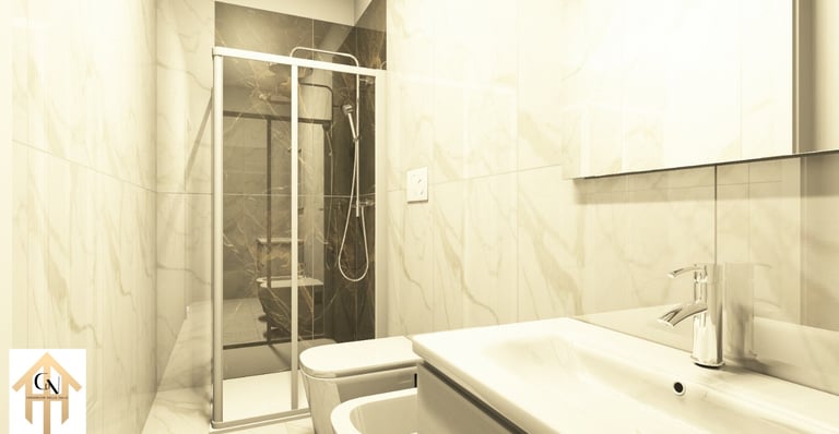 Modern bathroom featuring marble tiles, a glass walk-in shower, and a white vanity with chrome faucet.