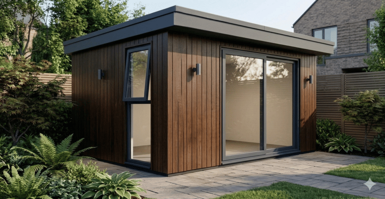 Modern garden room with dark wood vertical cladding and sliding glass doors in a landscaped backyard.