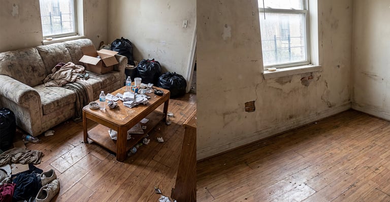 Before and after professional apartment hoarding cleanup and junk removal services in a messy living room.