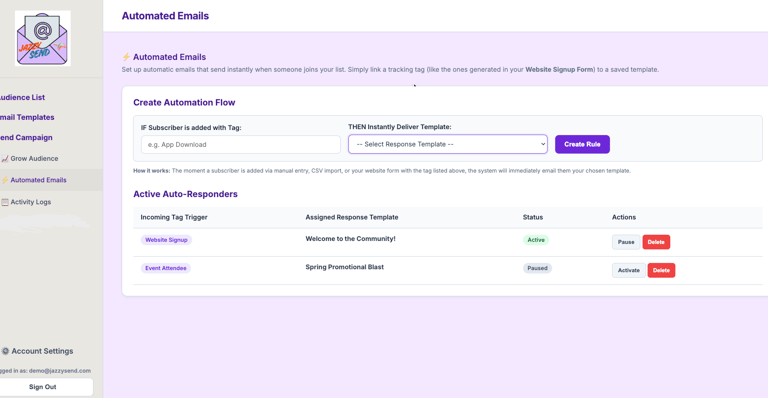 JazzySend automated email trigger setup