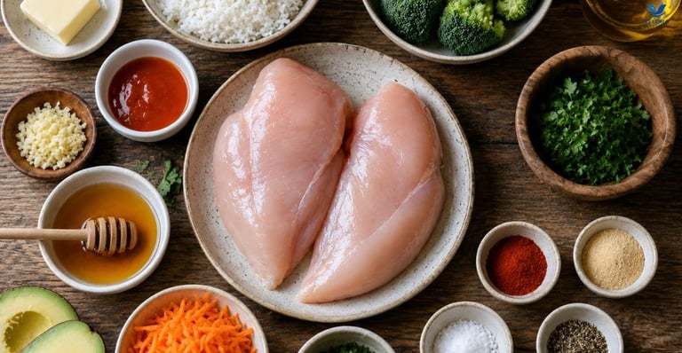 a variety of fresh ingredients used in preparing homemade Hot Honey Chicken Bowls.