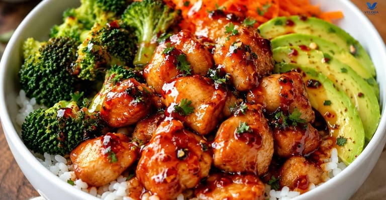 Hot Honey Chicken Bowl with chicken, rice, broccoli, avocado and carrots glowing.