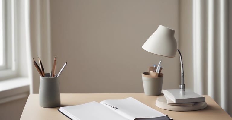 An open notebook with handwritten notes is placed on a wooden table next to a smartphone. The notes appear to focus on personal development and creative values. A partially visible laptop is in the background, creating a workspace setting.