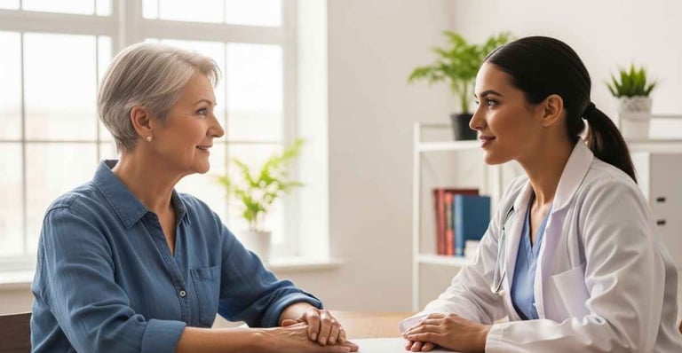 Pessoa de aproximadamente 60 anos conversando com médico em consultório claro e acolhedor, luz natural, expressão tranquila.