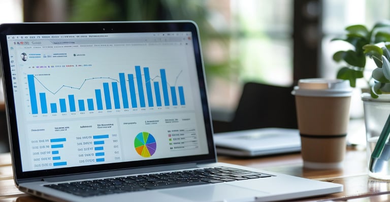 Laptop displaying data analytics charts on a wooden desk with a coffee cup and notebook.