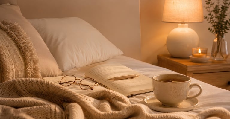 Cozy bedroom setting with an open journal, glasses, and a cup of tea on a bed with warm lamp lighting.