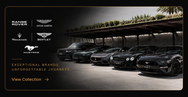 Luxury rental cars including Range Rover, Aston Martin, and Mustang parked in a row.