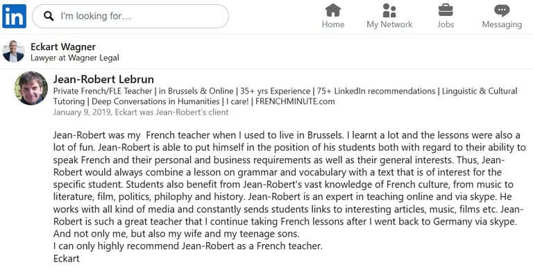 E. Wagner's testimonial on LinkedIn | J.-R. Lebrun, French teacher | Brussels, av. Couronne, bus 95