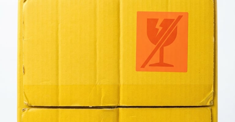 Close-up of a bright yellow shipping box with a bold hazard orange fragile sticker, sharp high-key studio lighting, clean white background, 50mm
