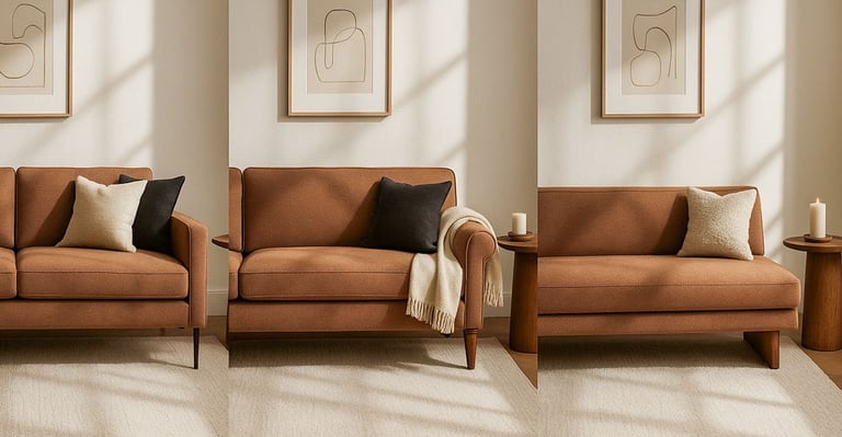 Side-by-side comparison of three sofa shapes: straight arms, rolled arms, and armless settee bench,
