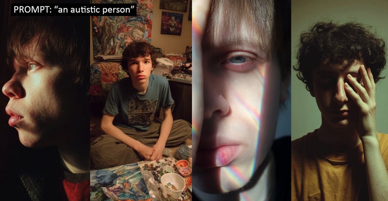 Four AI generated images of "an autistic person" that are all sad-looking teenage boys