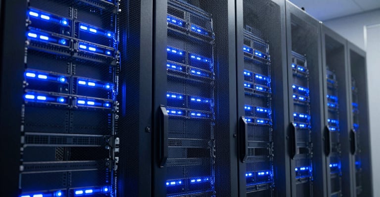 A high-tech server room in a North American / US data center with glowing steel blue and midnight navy lights reflecting off sleek server racks, emphasizing professional modern infrastructure and innovative technology.
