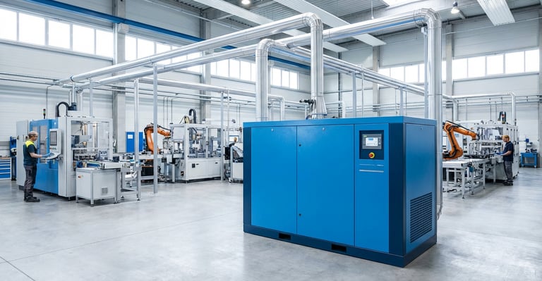 industrial screw air compressor providing compressed air in manufacturing factory