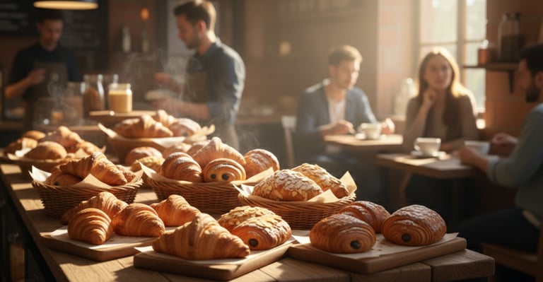 Variety of croissants including chocolate and almond croissants showing global popularity