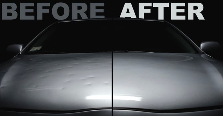 Before and after paintless dent repair comparison showing car hood hail damage restoration.