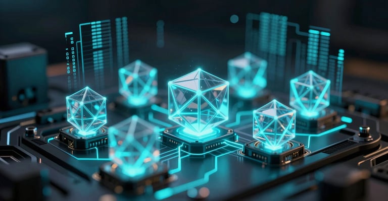 Macro shot of futuristic glowing 3D blockchain nodes with digital data charts overlay, electric cyan lines, deep shadow background