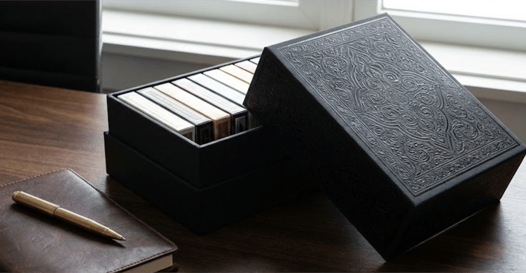 Custom rigid brick box packaging for 12 decks of playing cards.