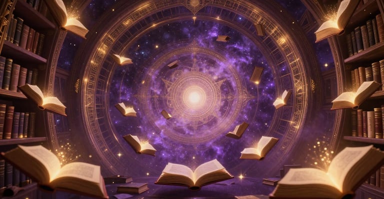 Cosmic library of infinite glowing books floating in deep violet and gold space