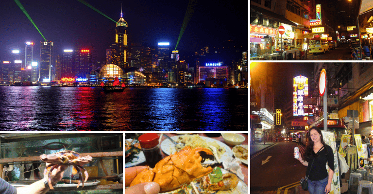 Vista noturna de Hong Kong mostrando arranha-céus, luzes, festa e comida de rua.