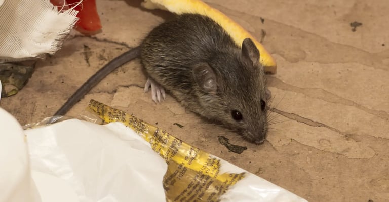 Souris grise dans des déchets.
