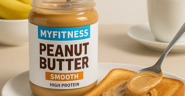 MyFitness peanut butter jar with spoon and toast showing protein-rich breakfast