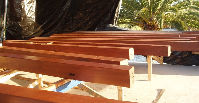 Riverpoint Residence timber staining process showing recycled and reclaimed timber, finished timber 