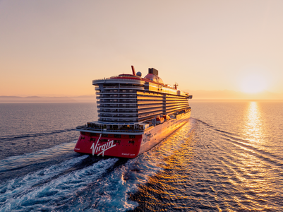 Virgin Voyages ship offering adults-only luxury cruises with modern design and vibrant nightlife.
