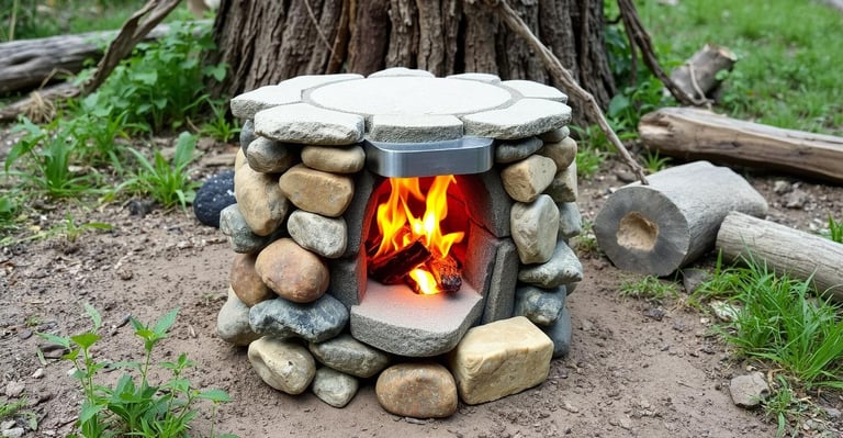a DIY rocket stove constructed from various rocks with flat top
