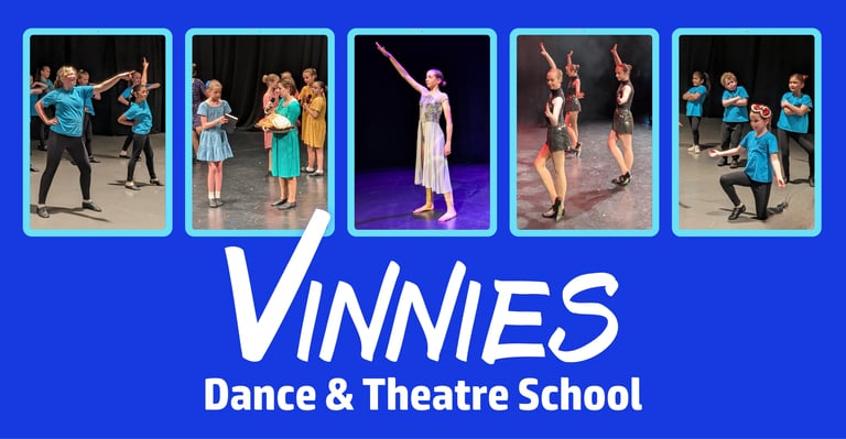 Kids from Vinnies Dance and Theatre School perform ballet, tap dance, and musical theatre on stage.