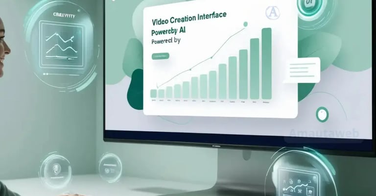 Persona usando una computadora en un entorno moderno con una interfaz de creación de videos impulsada por IA, mostrando gráfi