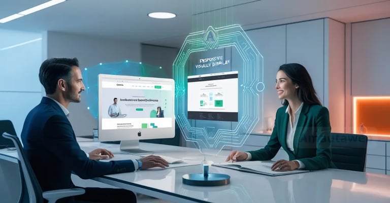 Un hombre y una mujer en un ambiente de oficina moderna analizan diseños web interactivos proyectados en hologramas.