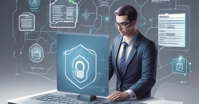 A professional technician configuring a network firewall device in a modern office.