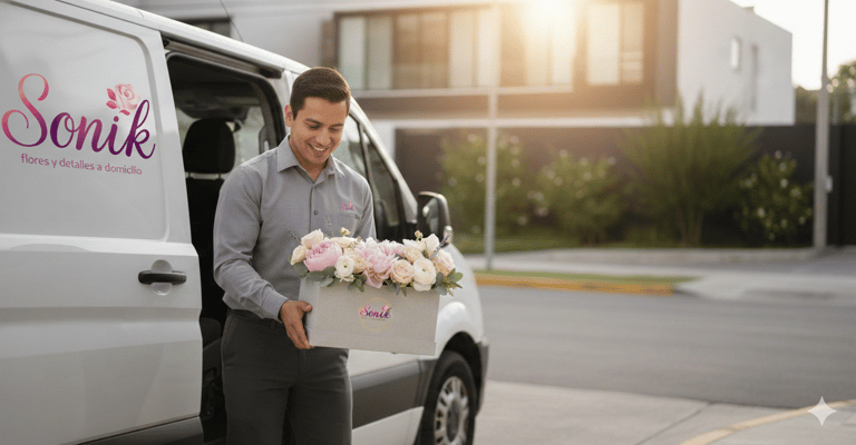 Repartidor profesional de flores transportando una caja con peonías 