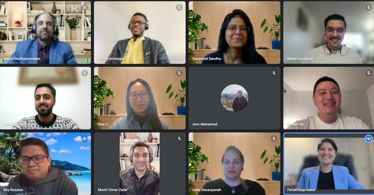 Screenshot of a Zoom call with 10 coaches in a grid view, each smiling and engaged in conversation