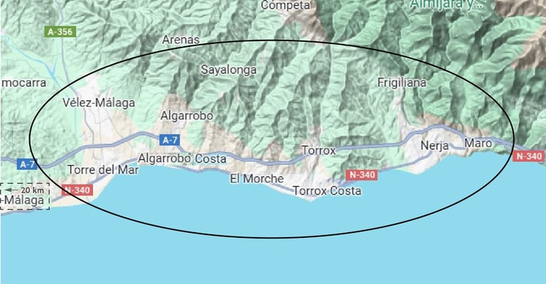 Core search area in Axarquia, Malaga, Costa del Sol