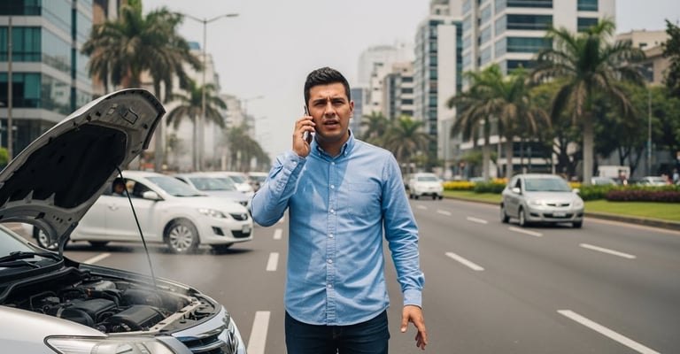 un hombre llamando a un servicio porque su auto esta averiado
