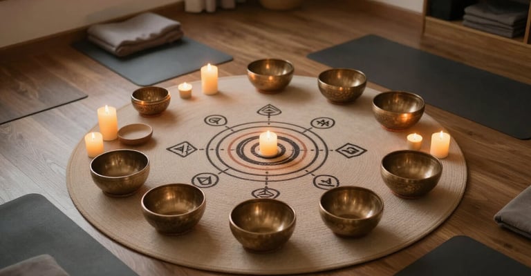 Home meditation space arranged for chakra balancing practice with sacred tools