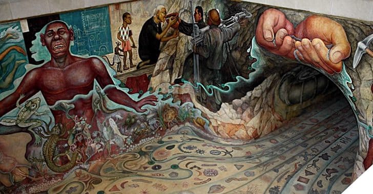 Detalhe de um grande mural complexo de Diego Rivera, mostrando uma mão gigante derramando água
