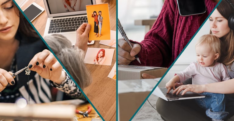 4 sectioned image. jewellery maker. elderly photographer. diverse online shop owner. working mum. 